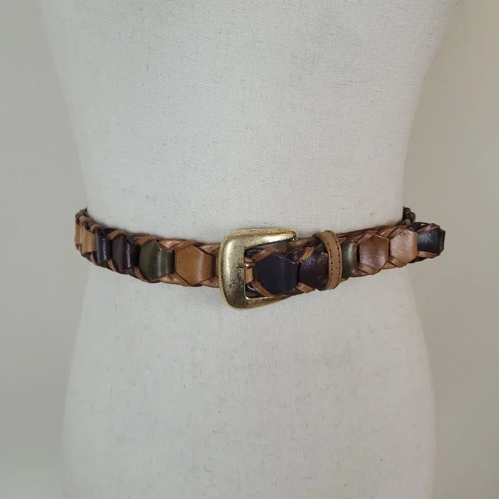 Colorful Leather‎ Belt XL Brown Blue Braided Woven Boho Vintage 80s Festival